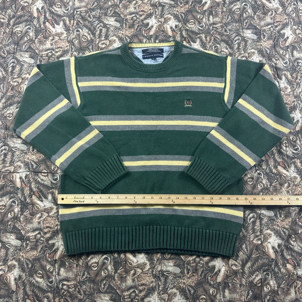 2000s Tommy Hilfiger Green and Yellow Striped Crewneck Sweater